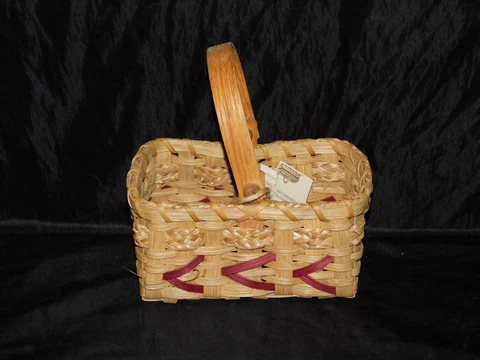 Denzil & Rose Ann's Woven Goods WV Brown Red Basket With Wood Handle Hand Woven Cover