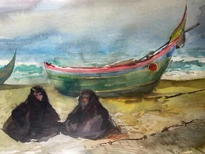 Mid Century Aquarell Künstler signiert moderne Boote Küsten Figuren Expressionist  - Bild 1 von 10