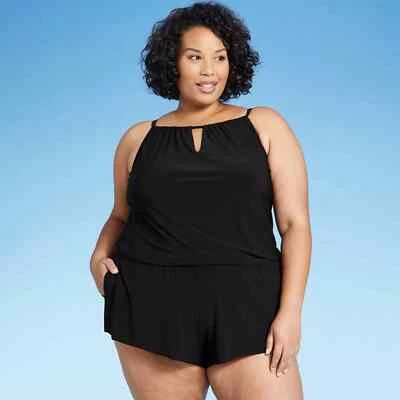 Mameluco de natación para mujer cuello alto con bolsillos verde agua negro talla grande (18W) Foto 1 de 4