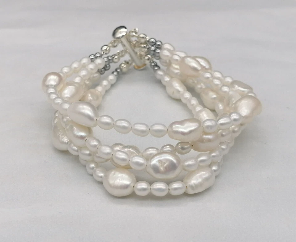 bracciale donna bianco vere perle naturali argento 925 modello a più fili - Immagine 1 di 4