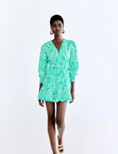 ZARA Green White Linen Blend Printed Floral V Neck Ruffle Hem Mini Dress XS - Picture 1 of 4