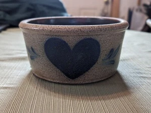 Vintage Rowe Pottery Works Stoneware 6 1/2" Salt-Glazed Crock Blue Heart 1983 - Picture 1 of 7