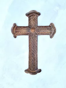 Arte Popular Primal Pintado Primal Barnizado Metal Prensado Cruz Barnizado 13" Estaño - Imagen 1 de 5