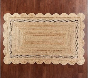 Natural Jute Braided Area Rug with Scalloped Edges Handwoven Rectangle Area Mat - Picture 1 of 11