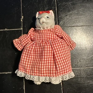 Vintage Ceramic Head Soft Body Country Cat Shelf Sitter Red Gingham Dress - Picture 1 of 3