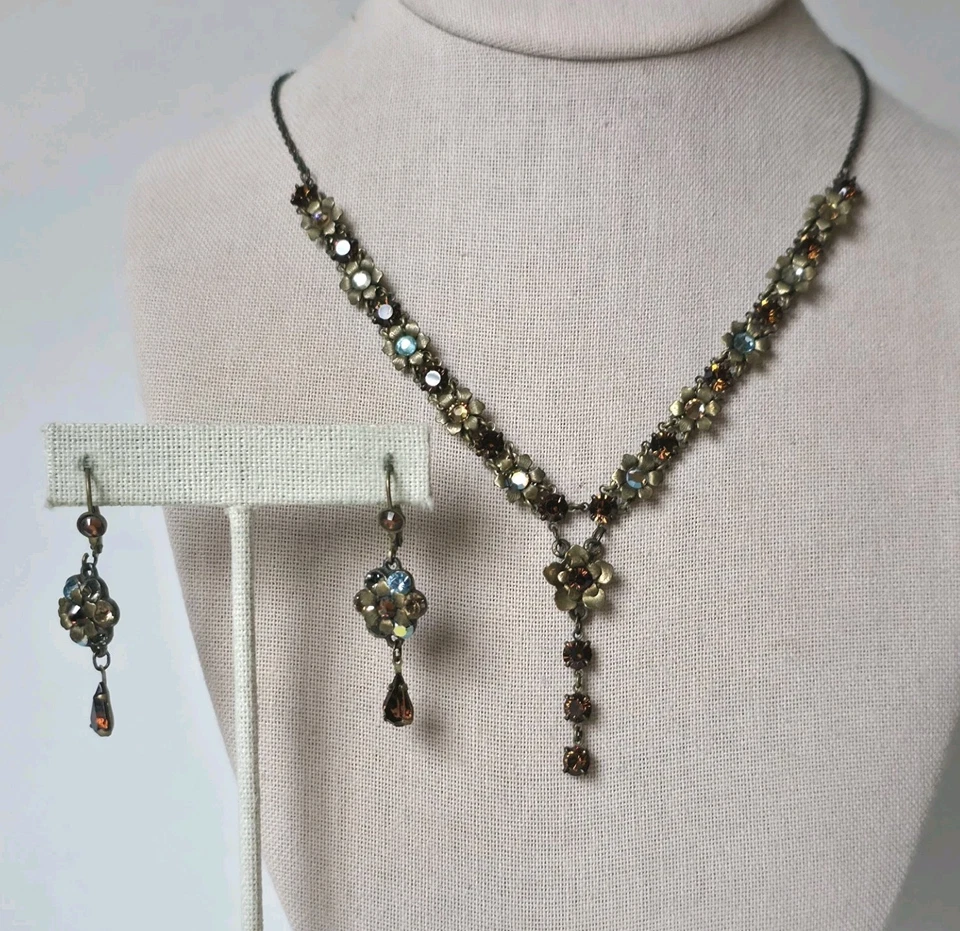 Conjunto de Pendientes Collar Michal Negrin Tono Dorado Antiguo Azul AB Marrón Estrás Foto 1 de 4