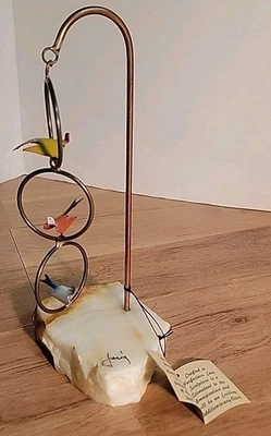 Vintage SCULPTURE METAL BIRDS PERCHED SWINGING HOOPS Mario Jason MCM Hollywood - Image 1 of 4