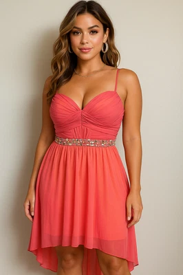 Город треугольники коралловый розовый бисером завышенной талии платье Sz 11 шифоновое высоты низкого подола - Изображение 1 из 4