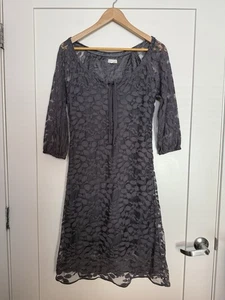Garnet Hill Boheme Easy Lace Dress Sz 2 Gray 3/4 Sheer Sleeve Tie Neck Event - Picture 1 of 13