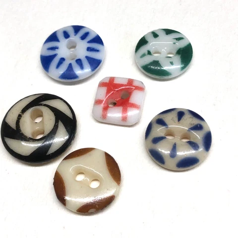 6 Antique China Stencil Buttons Red Square, Assorted Patterns & Colors, Numbered Cover