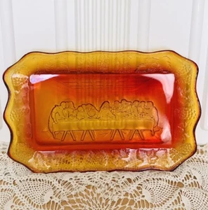 Vintage Amberina Glass “Last Supper” Depiction 11” x 7” Indiana Glass Tray - Picture 1 of 13