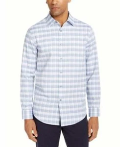 Tasso Elba Mens Medium Blue Grid Geometric Patterned LS Work Dress Shirt - Picture 1 of 1