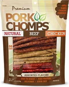 "Pork Chomps Dog Chews 5-inch Munchy Sticks Assorted Flavors 50 Count Pack of 1" - Picture 1 of 6