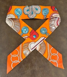 BNIB Authentic HERMES 100% Silk Epaulettes Twilly Orange Turquoise Vert Scarf - Picture 1 of 8