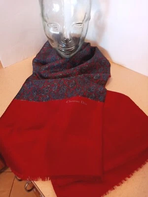 Christian Dior 54" Long Scarf Burgundy w/Navy Blue Paisley 100% Silk & 100% Wool - Image 1 of 4