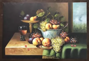 Large Beautiful Vintage Original Painting Oil on Canvas~Still Life~Fruit~35”x23” - Picture 1 of 5