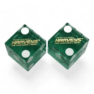Genuine Harvey's Lake Tahoe Casino Craps Dice Green Polished Matching Serial #s - Picture 1 of 4