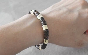 Beaded Bracelet Real Wood and Fish Bone Brown Boho Style Gift for Men Women - Picture 1 of 7