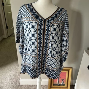 Camicetta poncho J.Jill motivo geometrico taglia XS/S 100% rayon - Foto 1 di 12