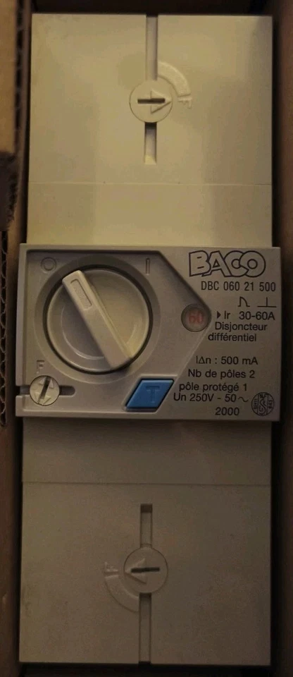 Disjoncteur de branchement 2 poles différentiel BACO 500mA 30/60A Dbc 060 21 500 - Photo 1/1
