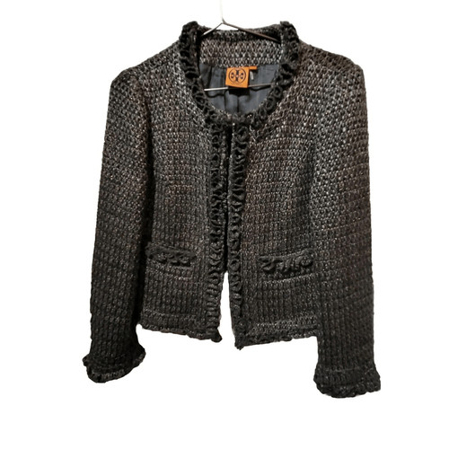 Giacca Tory Burch vendita al dettaglio $595 grigio blu motivo tweed bordo frange taglia 8