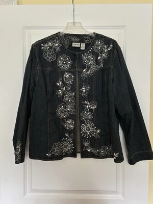 Chico's вышитый и украшенный джинсовой ткани Jean куртка Sz 3 (16) XL темно стирка EUC - Изображение 1 из 4