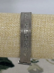 VINTAGE 1970s silver Victorian Revival Greek Key mesh slide cuff bracelet - Picture 1 of 11