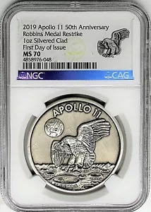 2019 Apollo 11 50th Anniv 1oz Silvered Clad Robbins Medal Restrike NGC MS70 FDOI - Picture 1 of 2