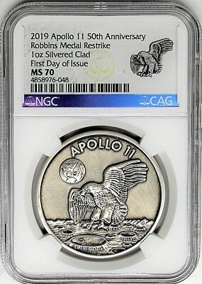 2019 Apollo 11 50th Anniv 1oz Silvered Clad Robbins Medal Restrike NGC MS70 FDOI - Image 1 of 2