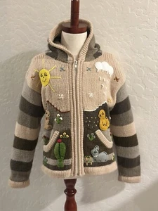 Hand Knit Peruvian Cardigan Sweater Full Zip Hooded Felt Sun Rain Animal Farm - Picture 1 of 19