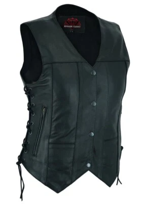 Women Motorcycle Black Leather Vest with Side Laces 6 Pocket Utility Vest - Image 1 of 4