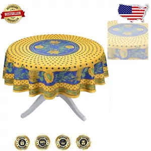 Stain-Resistant 70" Round Floral Tablecloth - Cheerful Yellow & Blue Design - Picture 1 of 3