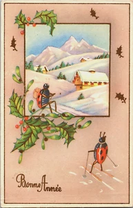 Feliz Año Nuevo Ladybugs Esquí en la Nieve Postal Vintage B132 - Imagen 1 de 2