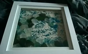 New sea glass wave picture 10 x 10 inch - blue glitter background - unique - Picture 1 of 2