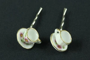 Tassen 2er Set Haarspangen Haarklammern Miniblings Teetassen Tasse Goldrand - Picture 1 of 7