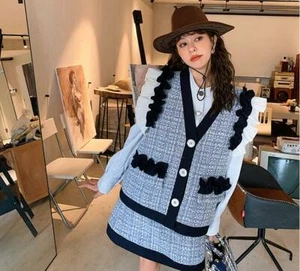 Womens Fashion Ruched Sleeveless Tweed Vest Jacket Bottom Skirt Chic Sets 2PC - Picture 1 of 12