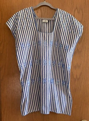 Túnica Tuckernuck Azul Rayas Mini Sullivan Bordada Lona Caftán Mediana Usada en Excelente Condición Foto 1 de 4