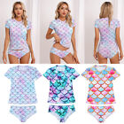 Women's Swimsuit Mermaid Printed Short Sleeve Swim Tops with Briefs Swimwear