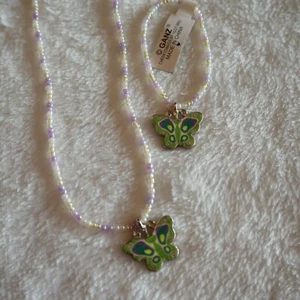 Butterfly Charm Beaded Bracelet and Necklace Set Green and Purple - Picture 1 of 4