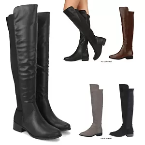 New Women Knee High Stretch Elasticated Almond Toe Block Low Heel Boots - Picture 1 of 7