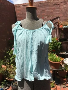 Boho blue flowy Strappy top tie up shoulders tassels lace hem size 6 XS S - Picture 1 of 7