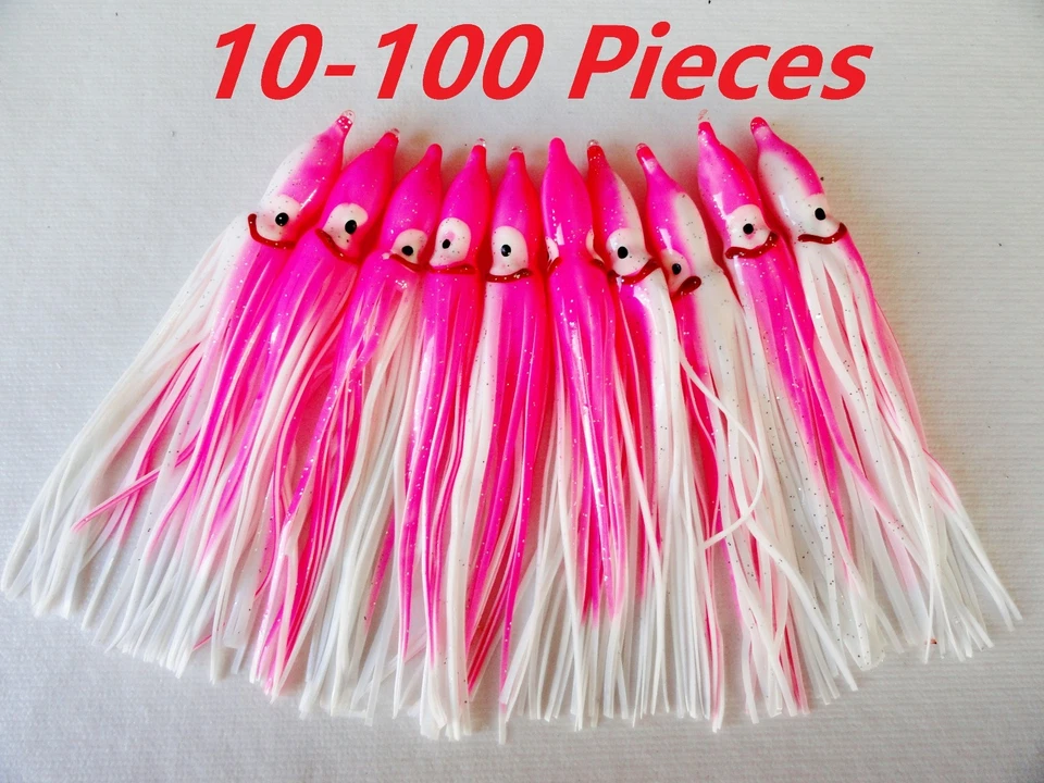 GO2FISH_TACKLE2010 10-100 Pcs 4.75" Hoochies Squid Skirts Pink/white Fishing Lures Select Pieces