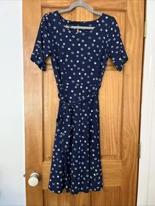 Talbots Woman Sz Med Navy Blue Floral Midi Dress, Zipper Back Shrt Sleeve Belted - Picture 1 of 8