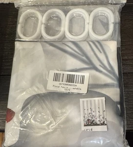 New Black/White/Red Floral Fabric Shower Curtain & Hooks - Picture 1 of 2