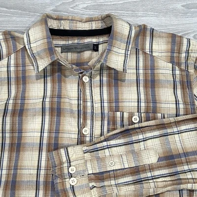 Camisa con botones a cuadros Urban Behavior para hombre M manga larga algodón beige azul Foto 1 de 4