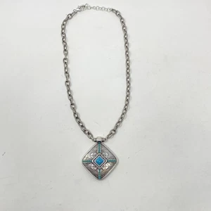 Brighton Necklace Silver Tone Turquoise Pendant Womens Statement Chain Scrollwor - Bild 1 von 7