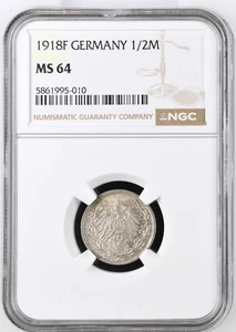 1918-F Germany 1/2 Mark Wilhelm II Silver Coin NGC MS 66 - Picture 1 of 6