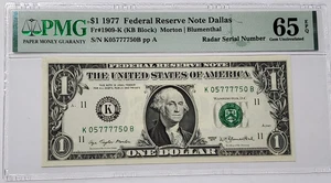 Billete de $1 1977 número de serie elegante PMG 65 gema sin circular radar - K 05777750 B - Imagen 1 de 4