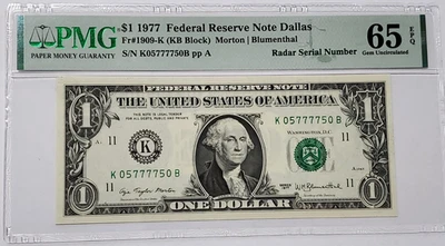 $1 Bill 1977 Fancy Serial Number PMG 65 Gem Uncirculated RADAR - K 05777750 B - Image 1 of 4