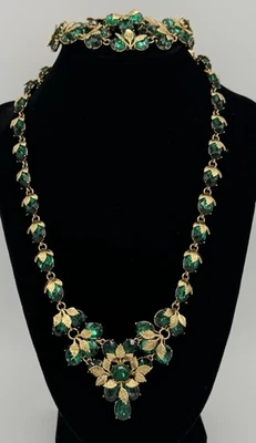 Conjunto de collar y pulsera de diamantes de imitación verdes tono dorado pasarela firmada por Jon Foto 1 de 4